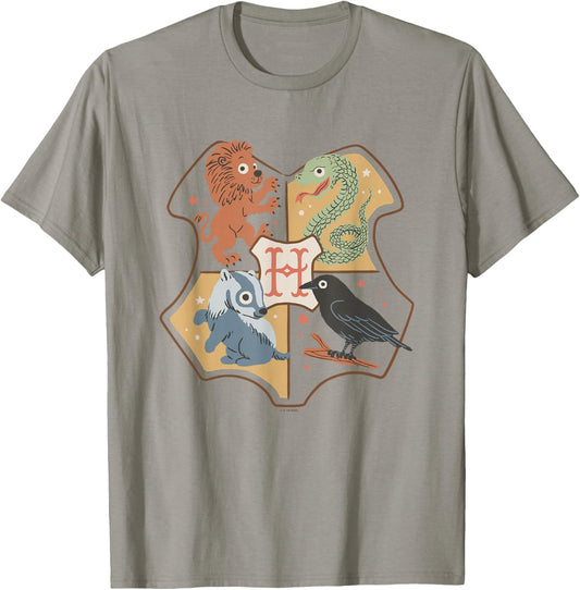 Harry Potter Hogwarts School Logo Chibi House Animals T-Shirt - T-Shirt | Sand