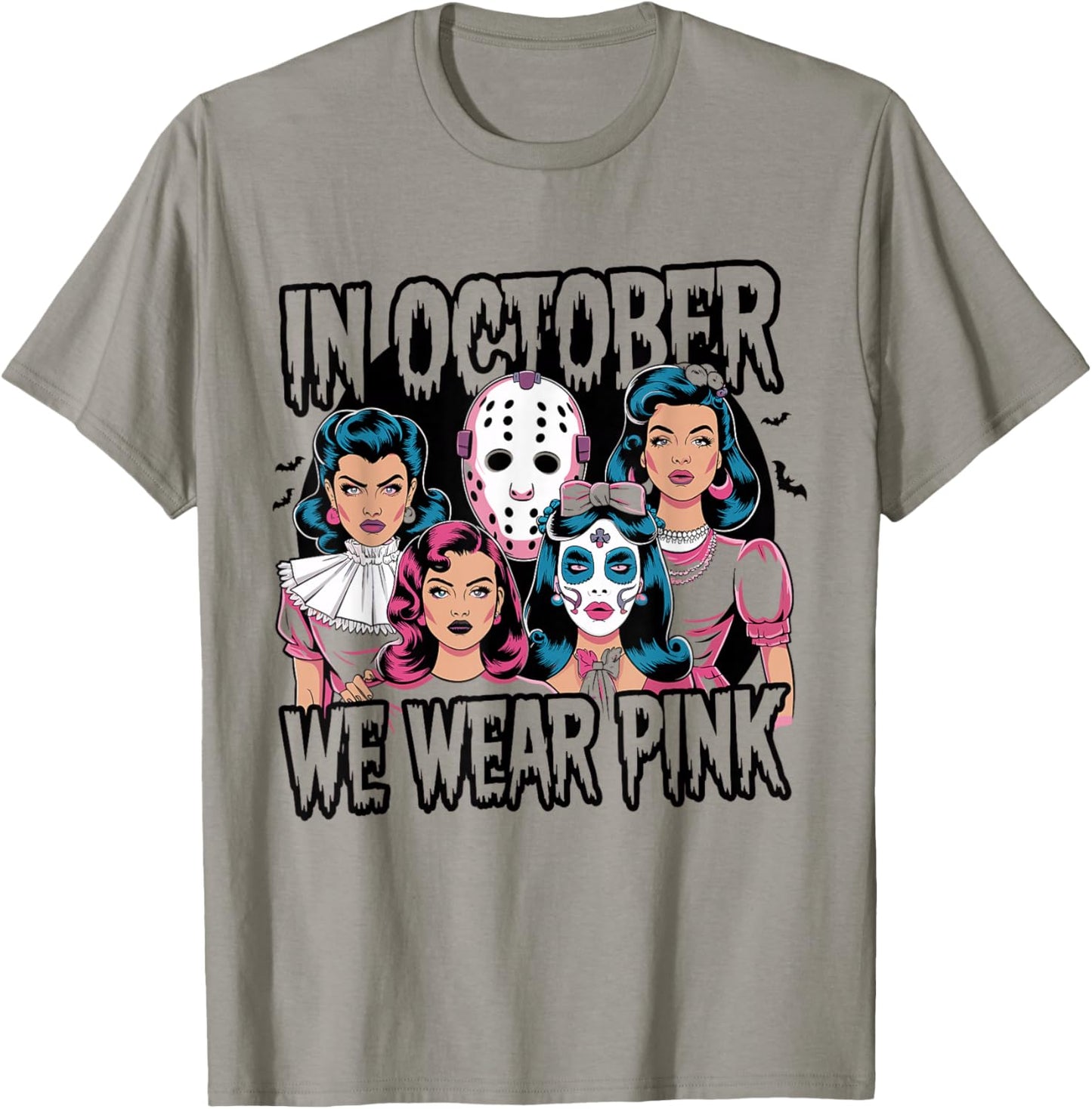 In October We Wear Pink Horror Breast Cancer Awareness T-Shirt - T-Shirt | Sand