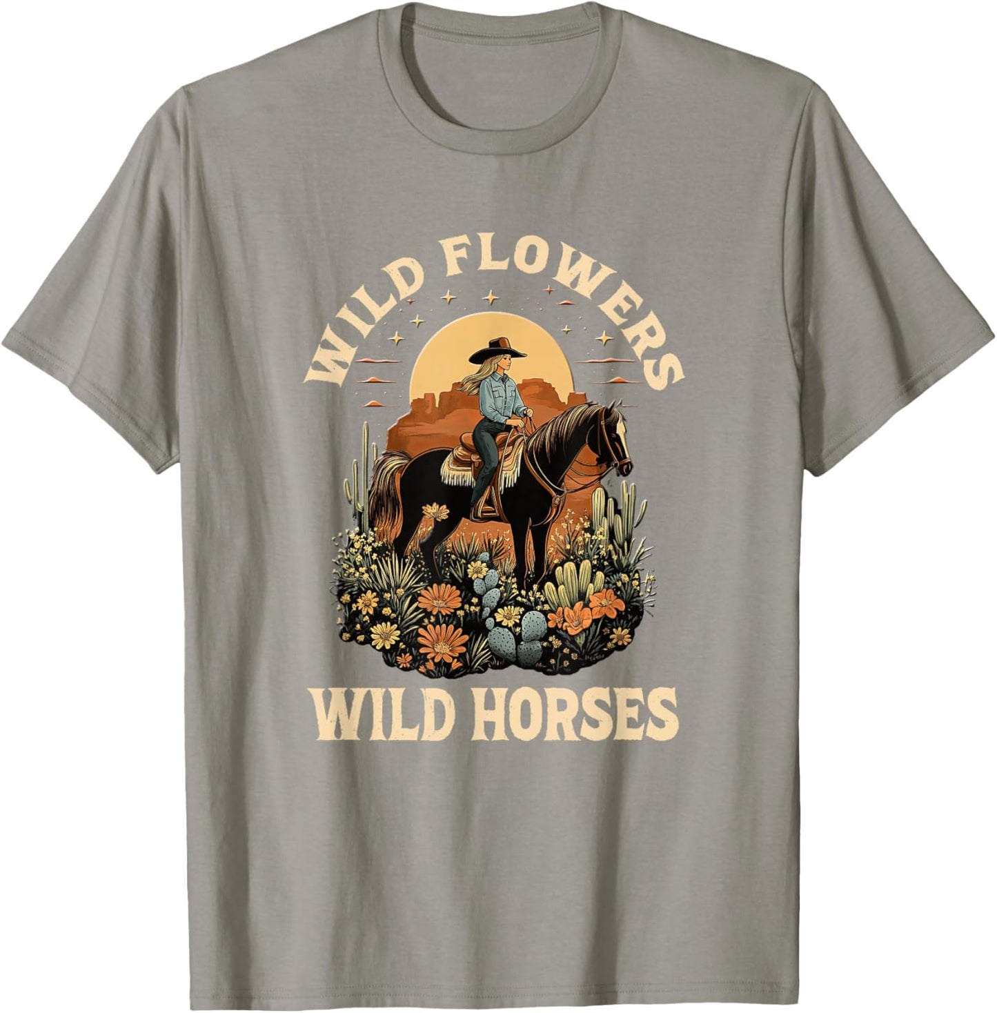 Western Sunset Cowgirl Riding Horse Wild Flowers Wild Horses T-Shirt - T-Shirt | Sand