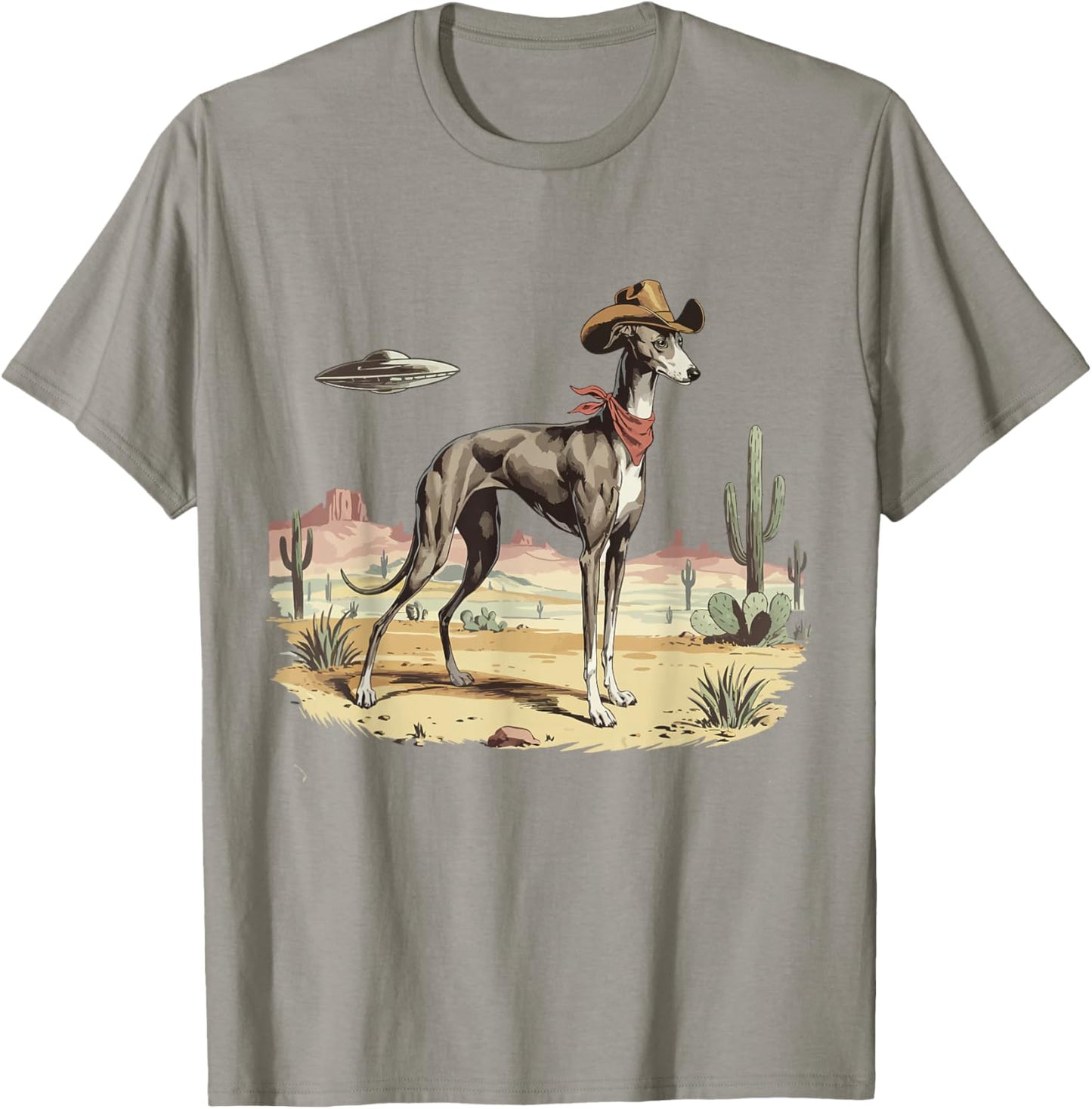 UFO Greyhound Western Alien Vintage 90s Whippet Cowboy Dog T-Shirt - T-Shirt | Sand