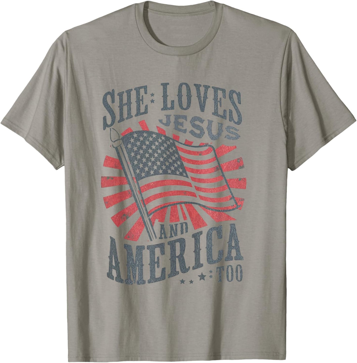 Women Retro She Loves Jesus and America Too USA 4th of July T-Shirt - T-Shirt | Sand