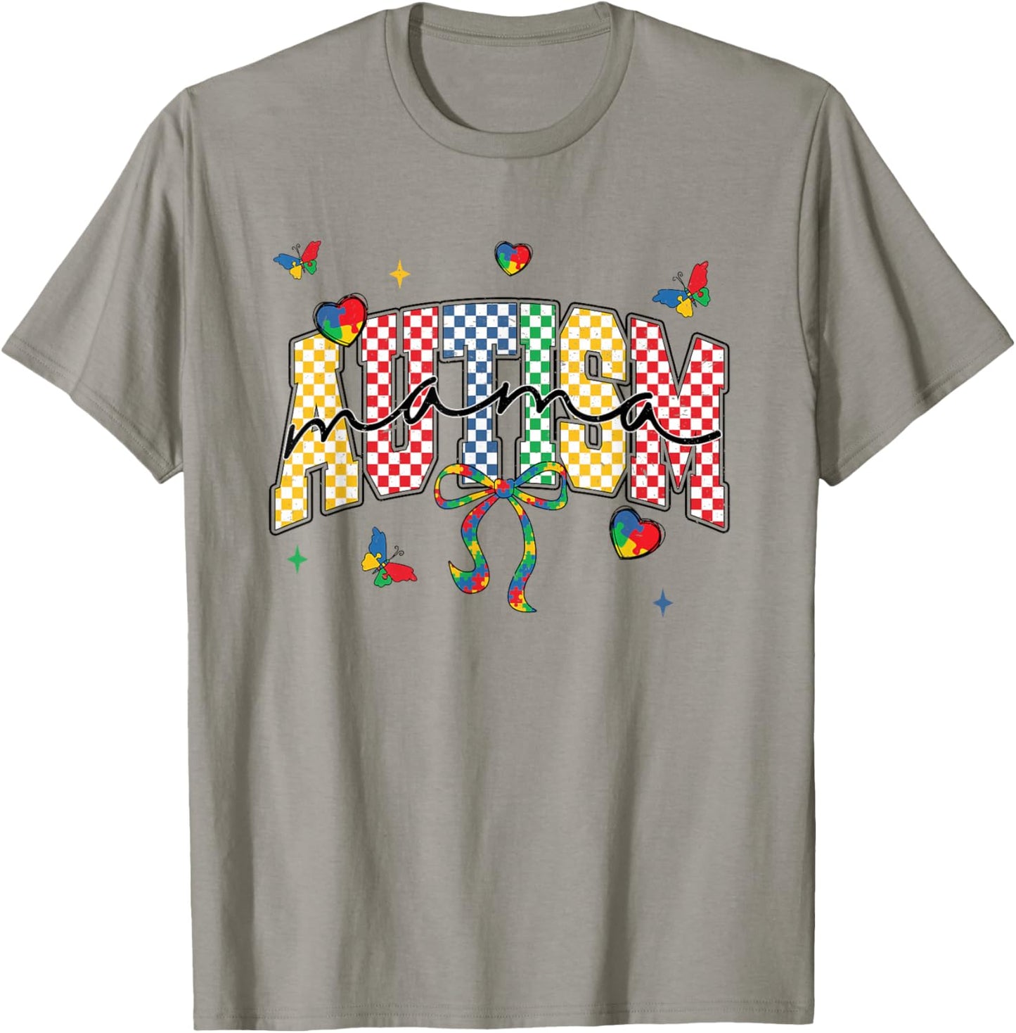 Autism Mama Checkered Coquette Mom Mommy Autism Awareness T-Shirt - T-Shirt | Sand