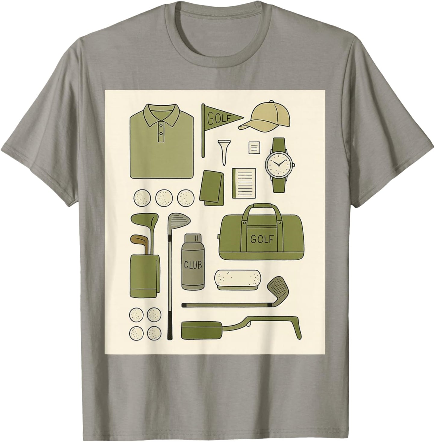 Retro Vintage Golf Doodles Balls Driver Clubs Green Beige T-Shirt - T-Shirt | Sand