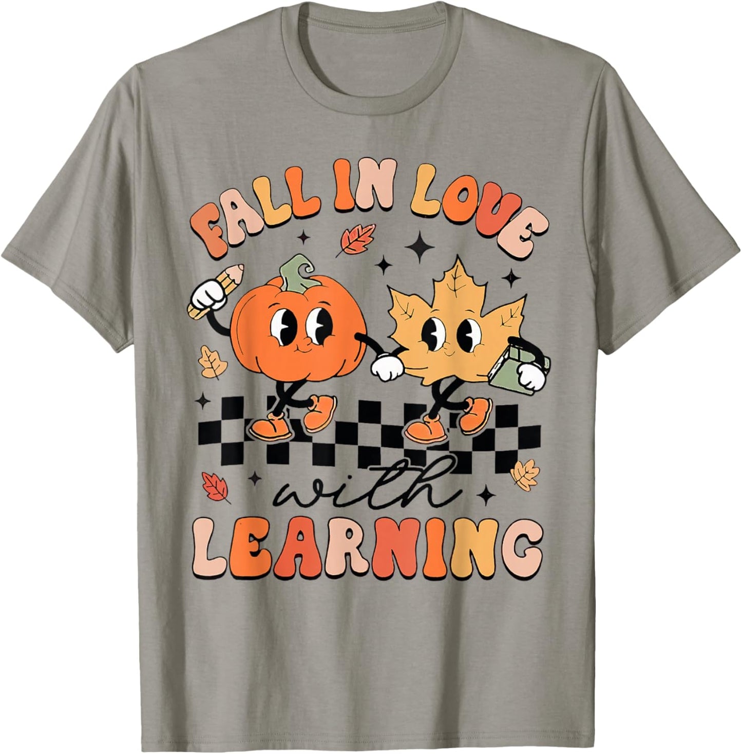Retro Fall In Love With Learning Autumn Pumpkin Teacher T-Shirt - T-Shirt | Sand
