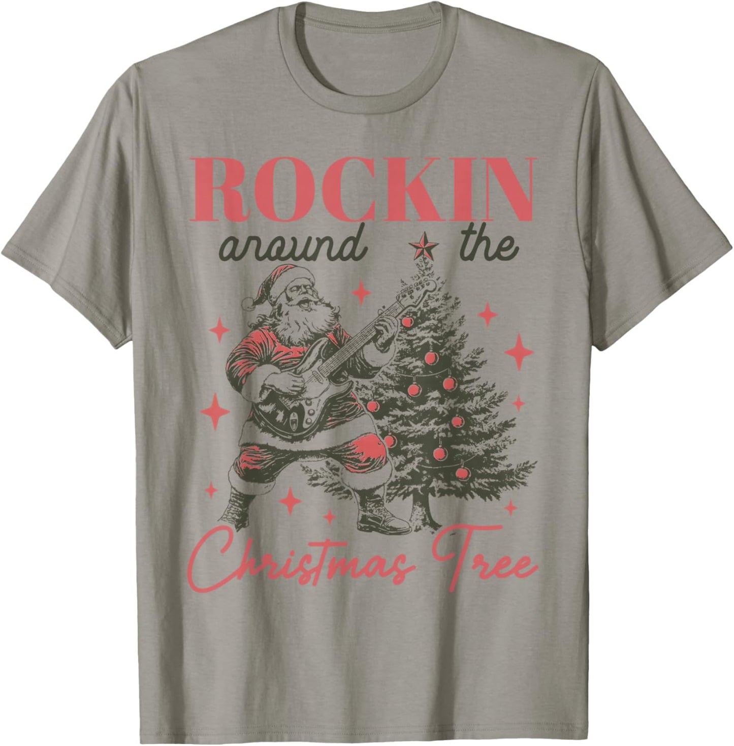 Rocking Around The Christmas Tree Santa Rock and Roll Guitar T-Shirt - T-Shirt | Sand