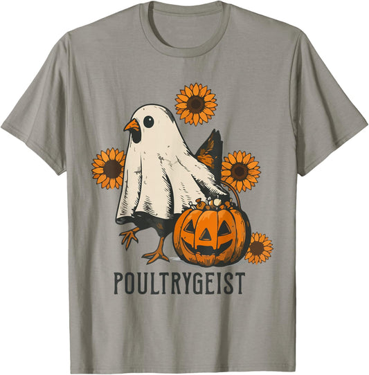 Poultrygeist Sunflower Chicken Ghost Halloween Spooky Season T-Shirt - T-Shirt | Sand