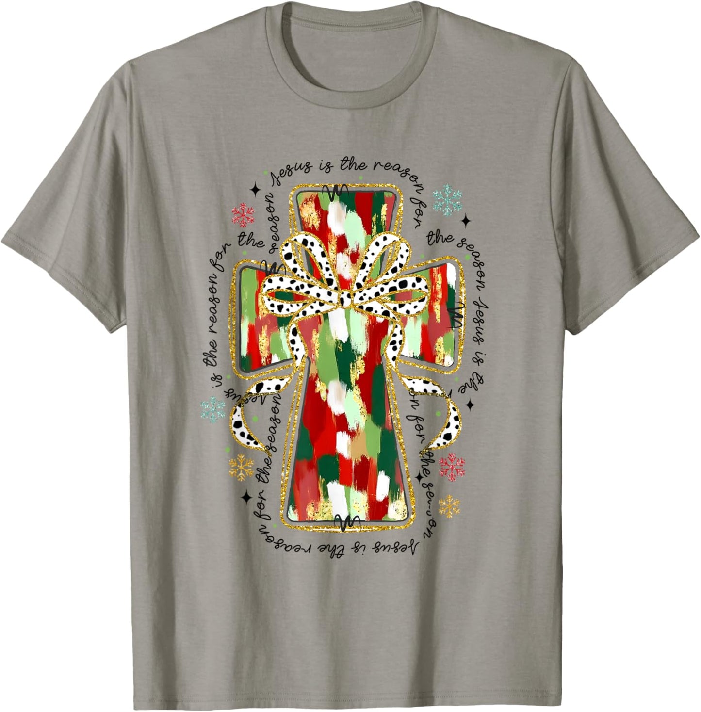 Christmas Jesus is the Reason Christian Cross Coquette Bow T-Shirt - T-Shirt | Sand
