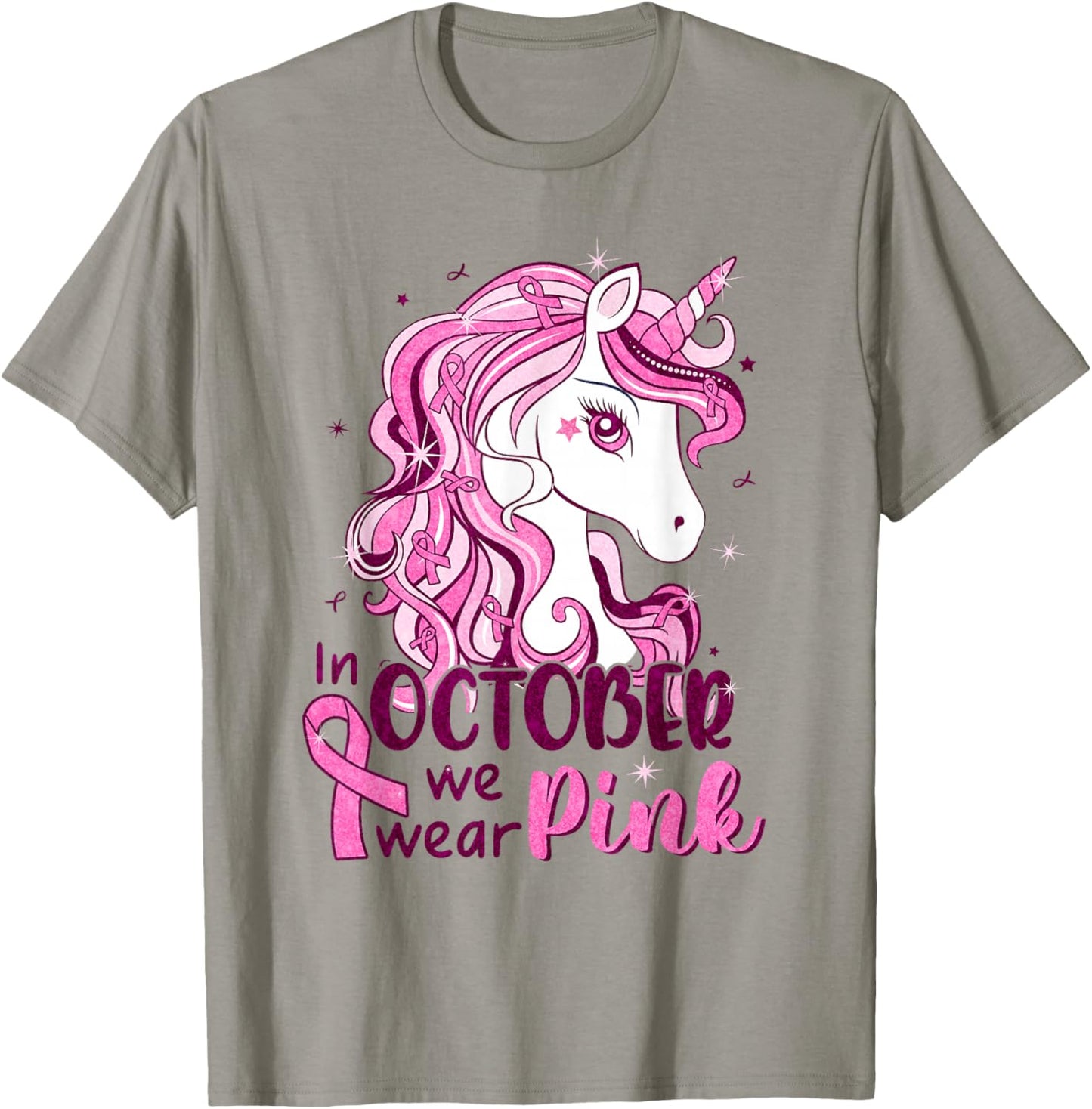In October We Wear Pink Unicorn Breast Cancer Shirts Girls T-Shirt - T-Shirt | Sand