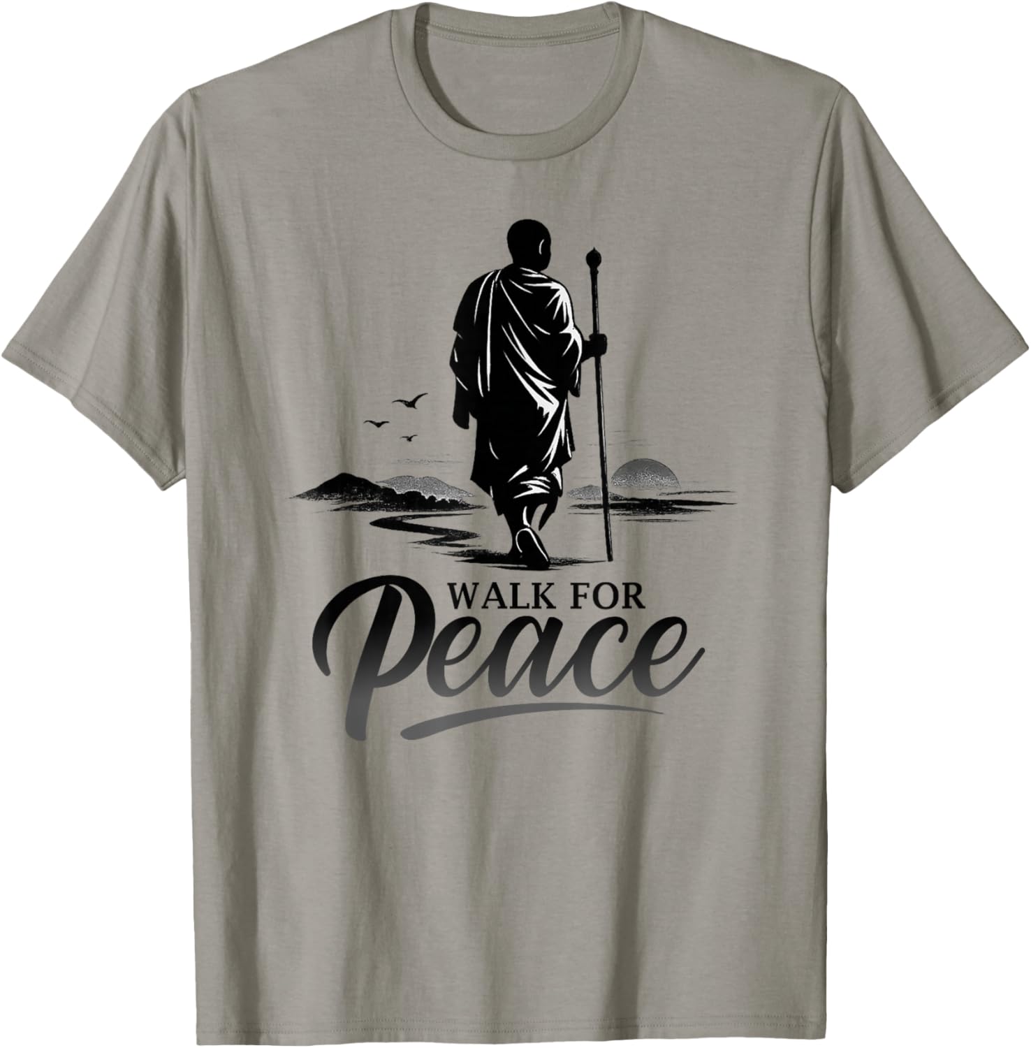 Retro Walk for Peace Monks with Dog Aloka Art Zen Minimalist T-Shirt - T-Shirt | Sand