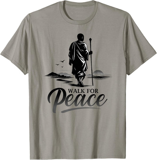 Retro Walk for Peace Monks with Dog Aloka Art Zen Minimalist T-Shirt - T-Shirt | Sand
