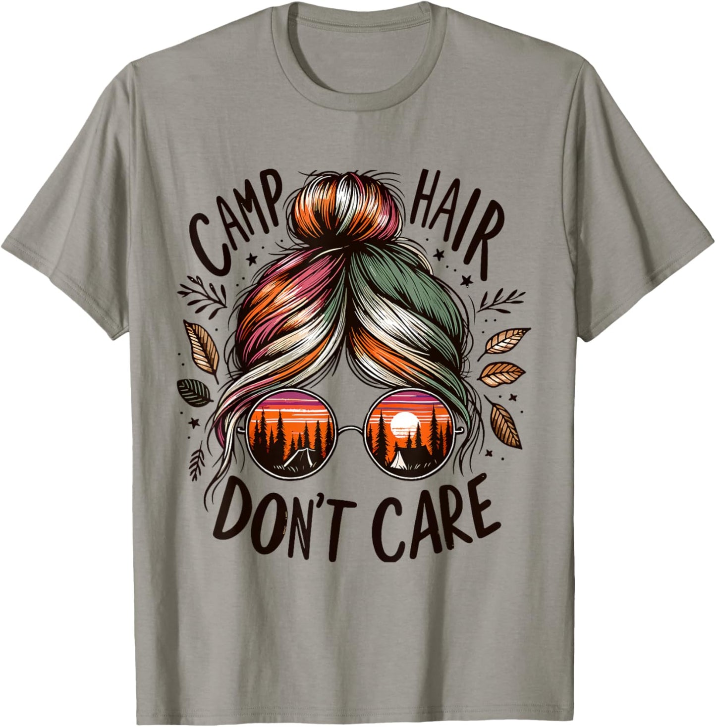 Camp Hair Don't Care Messy Bun Funny Camping Camper Women T-Shirt - T-Shirt | Sand