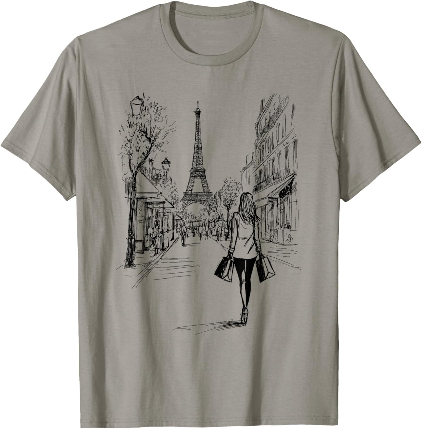 Paris Shopping Eiffel Tower Cute Girl Drawing Souvenir Art T-Shirt - T-Shirt | Sand