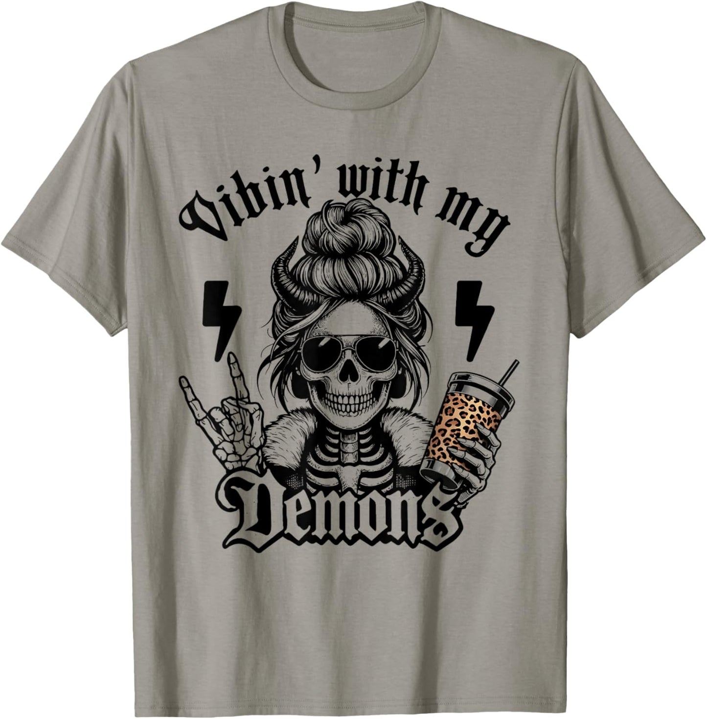 Vibin with My Demons Gothic Skeleton Messy Bun Art T-Shirt - T-Shirt | Sand