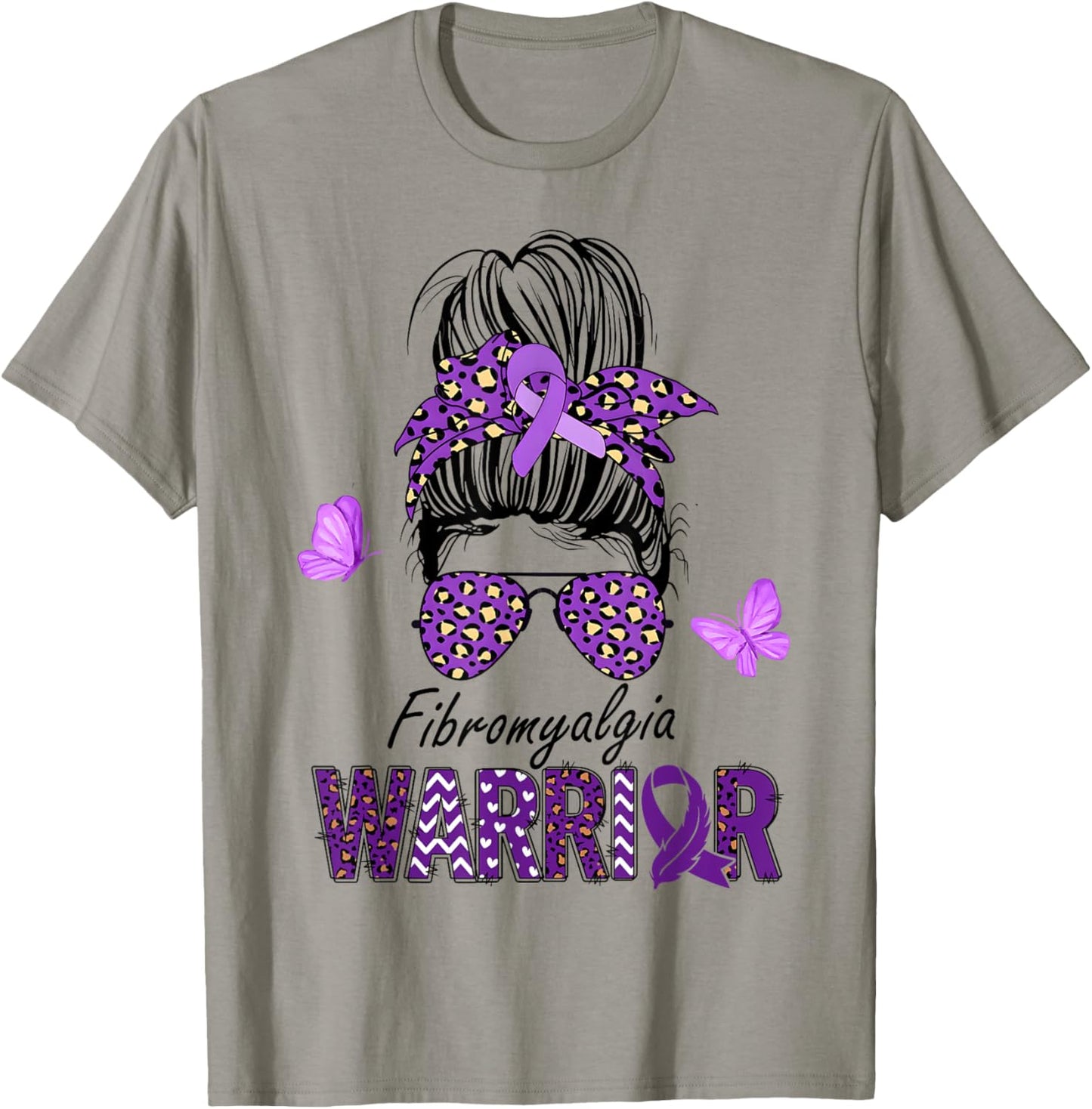 Fibromyalgia Awareness Messy Bun Purple Ribbon warrior T-Shirt - T-Shirt | Sand