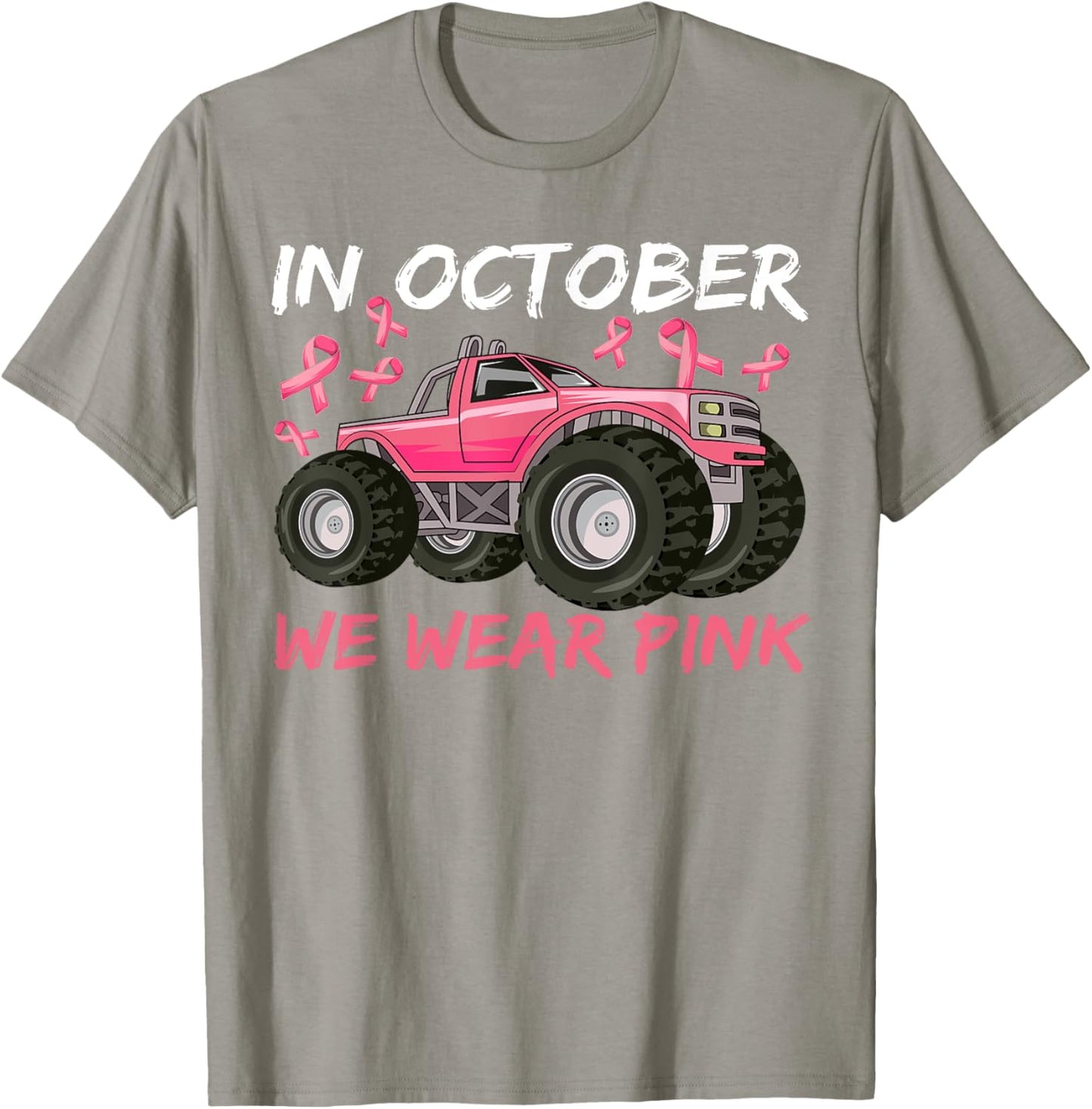 Boys Breast Cancer In October We Wear Pink Monster truck T-Shirt - T-Shirt | Sand