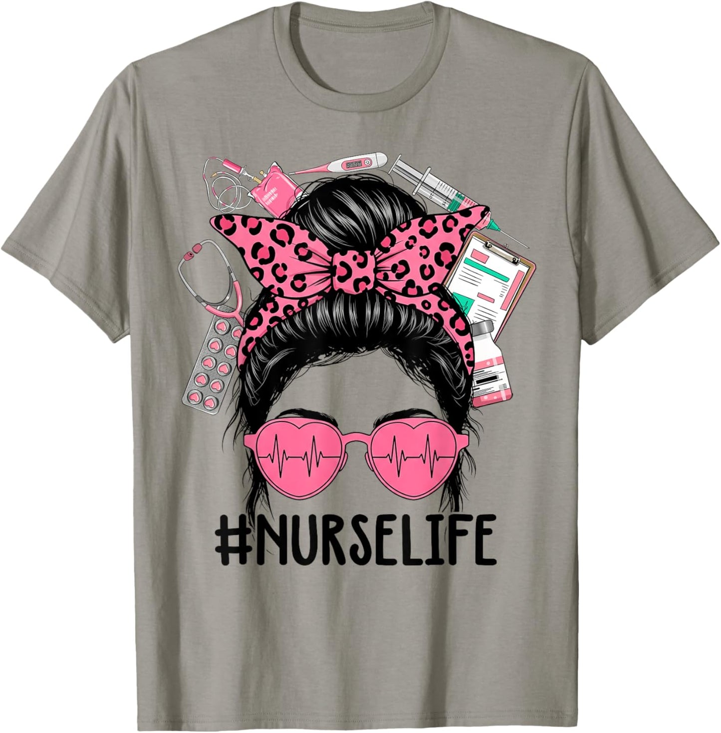 Nurse Life Pink Leopard Messy Bun Nurse Week Girl Women T-Shirt - T-Shirt | Sand