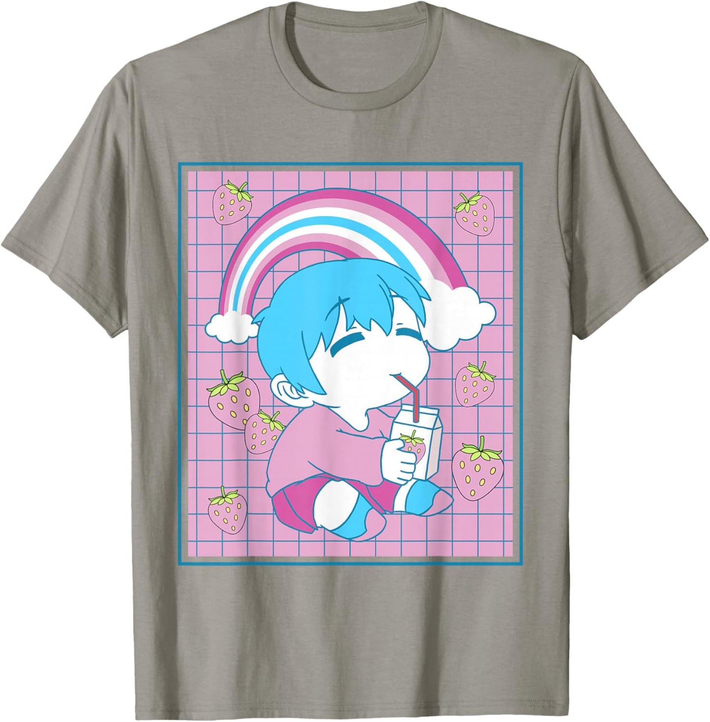 Femboy Chibi Anime Boy Drinking Japanese Strawberry Milk T-Shirt - T-Shirt | Sand