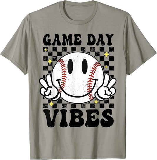 Game Day Vibes Smile Face Baseball Mama Baseball Girl T-Shirt - T-Shirt | Sand