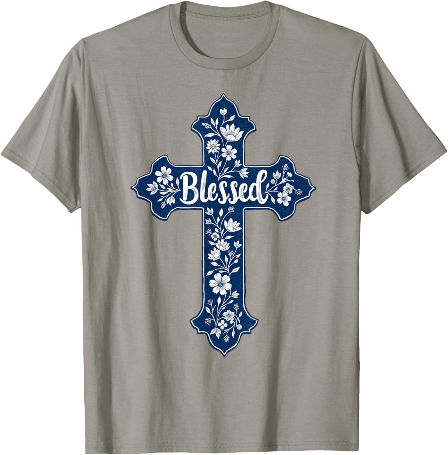 Christian Faith Cross Blue Toile Chinoiserie Floral T-Shirt - T-Shirt | Sand