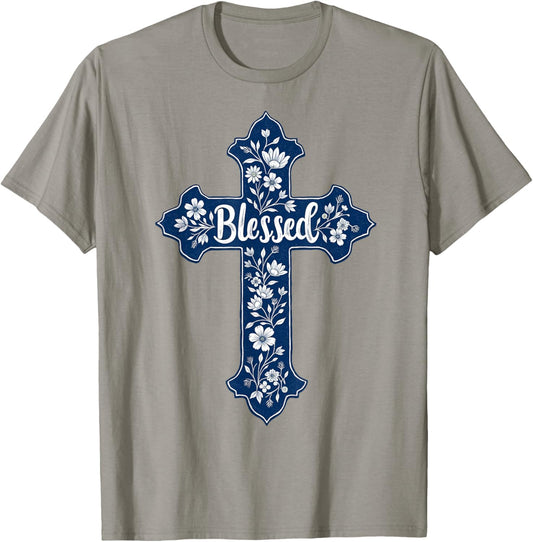 Christian Faith Cross Blue Toile Chinoiserie Floral T-Shirt - T-Shirt | Sand