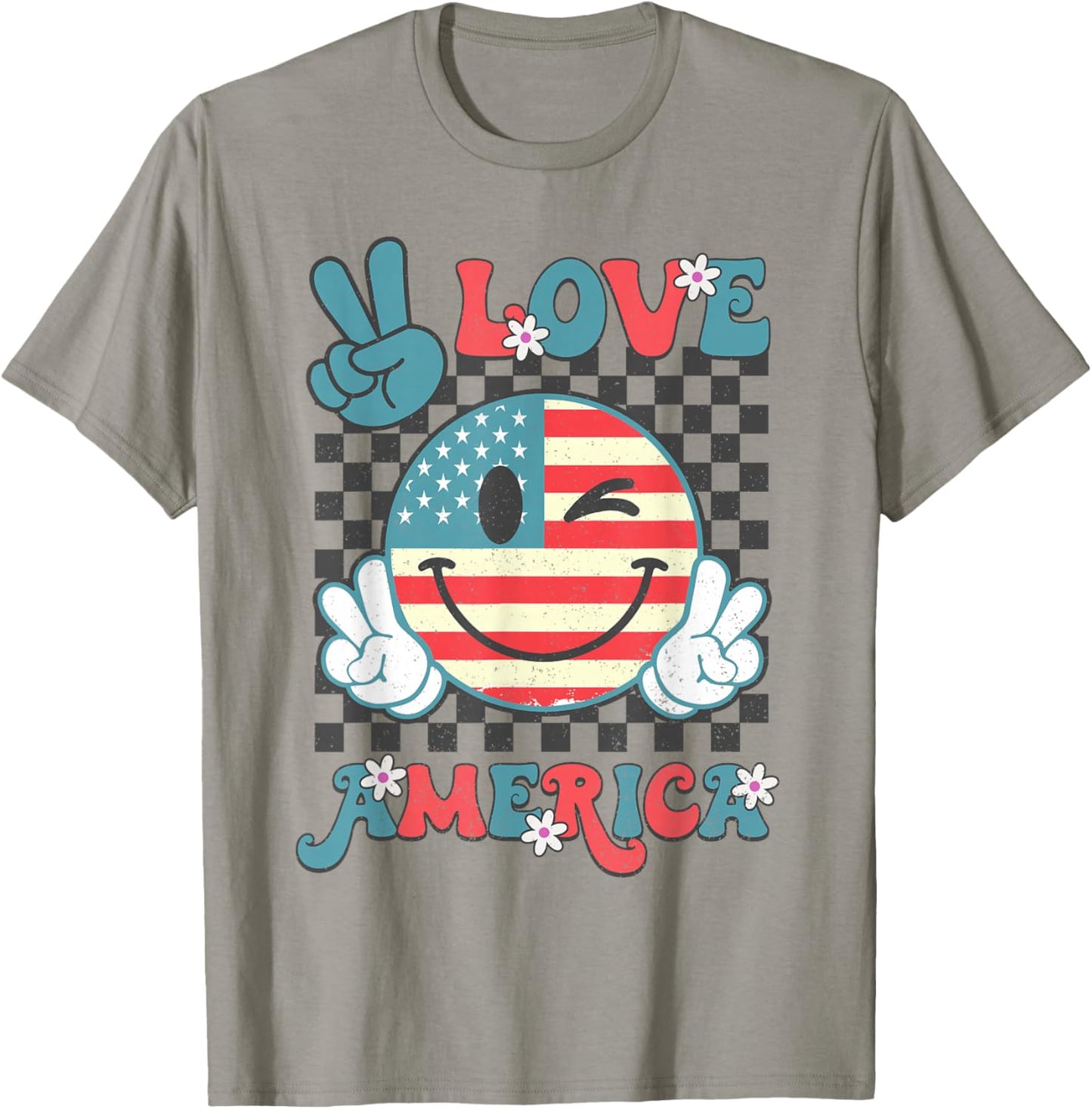 Peace Love America Smile Face US Flag Fourth 4th Of July T-Shirt - T-Shirt | Sand