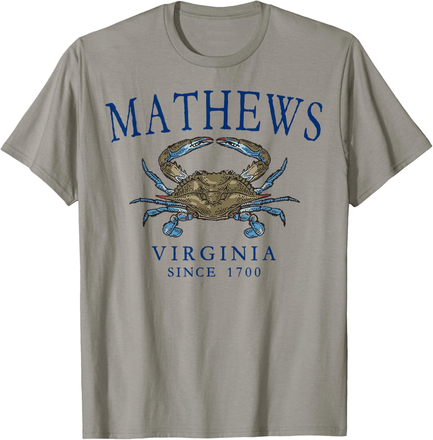Mathews Virginia Crab Fishing Since 1700 Navy Blue Letters T-Shirt - T-Shirt | Sand