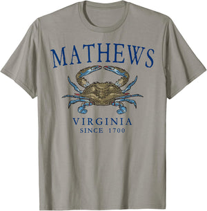 Mathews Virginia Crab Fishing Since 1700 Navy Blue Letters T-Shirt - T-Shirt | Sand