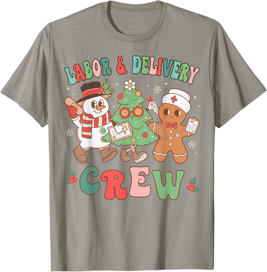 Labor & Delivery Nurse Crew Christmas Tree Retro Nurse T-Shirt - T-Shirt | Sand