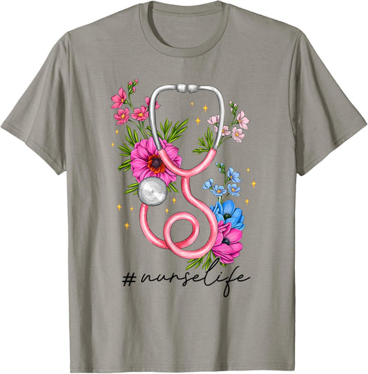 Heart Stethoscope Flower Doctor Nurse RN Nursing Women Girl T-Shirt - T-Shirt | Sand