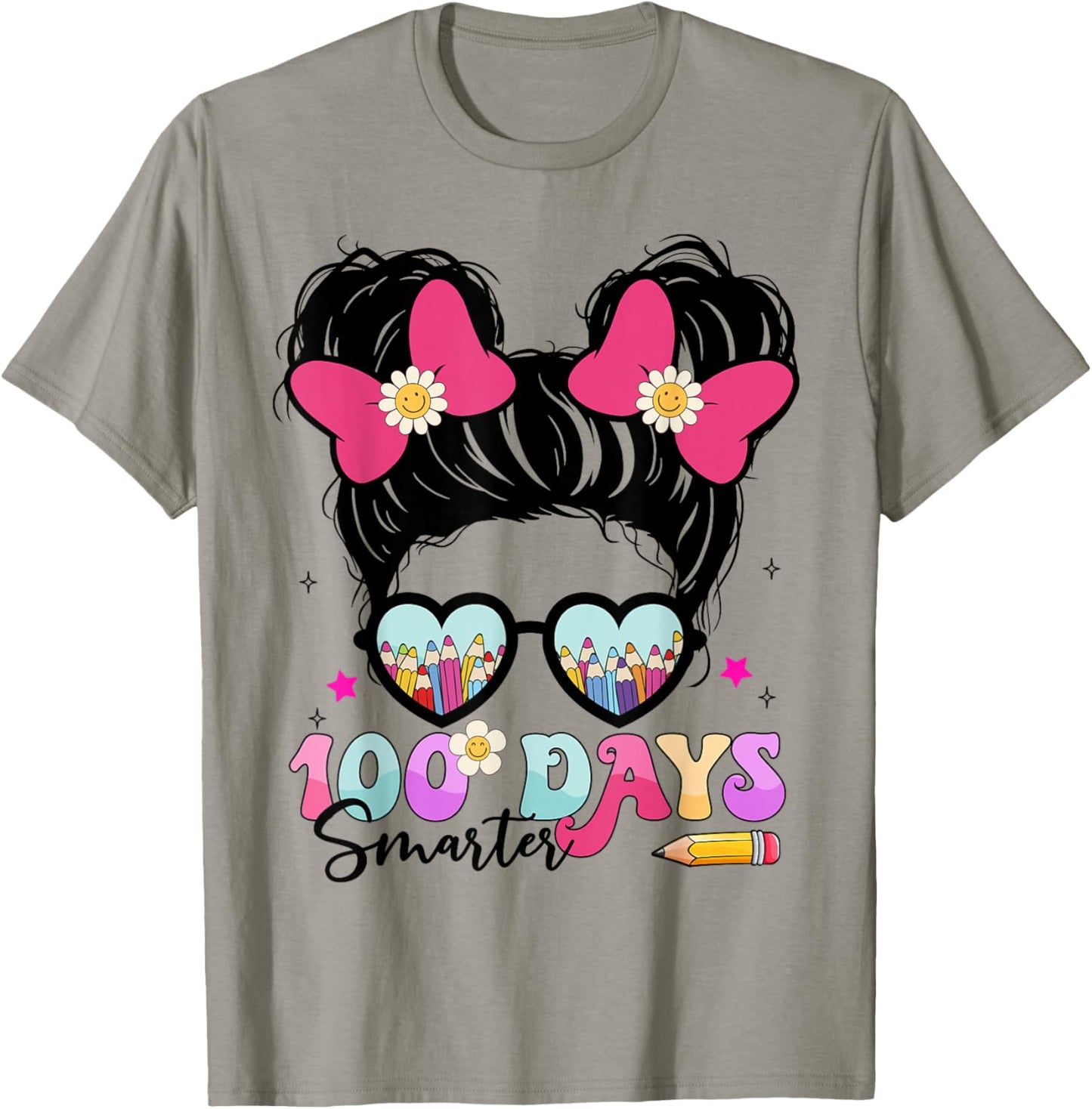 Messy Bun Hair 100th Day of School 100 Days Smarter Kids T-Shirt - T-Shirt | Sand