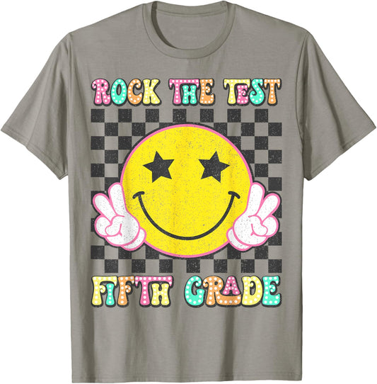 Rock The Test Day 5th Grade Teacher Fifth Grade Testing Day T-Shirt - T-Shirt | Sand