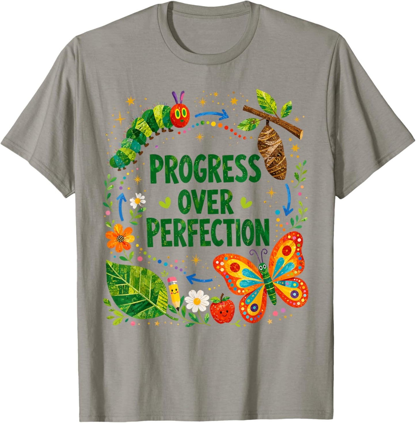 Teachers Back to School Progress Over Perfection Butterfly T-Shirt - T-Shirt | Sand