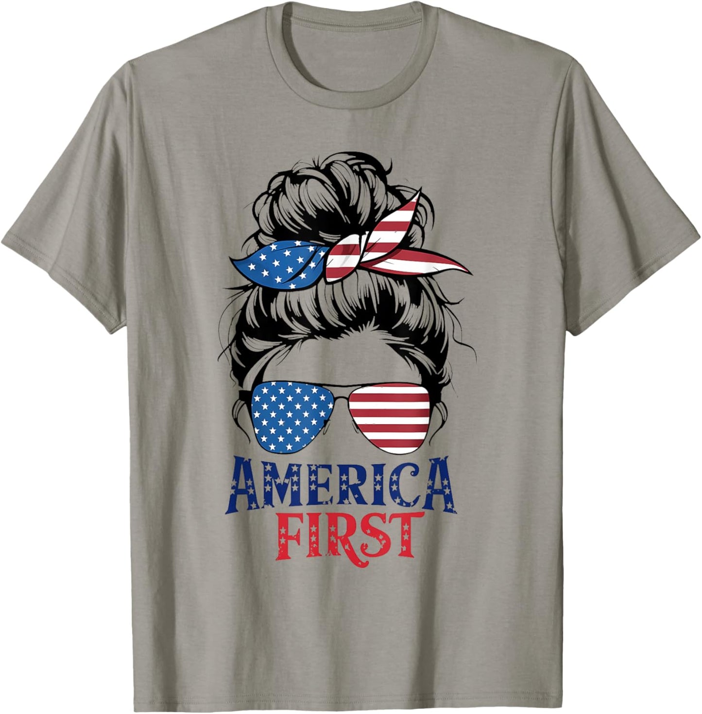 Messy Bunny Hair Girl America First Patriotic American USA T-Shirt - T-Shirt | Sand