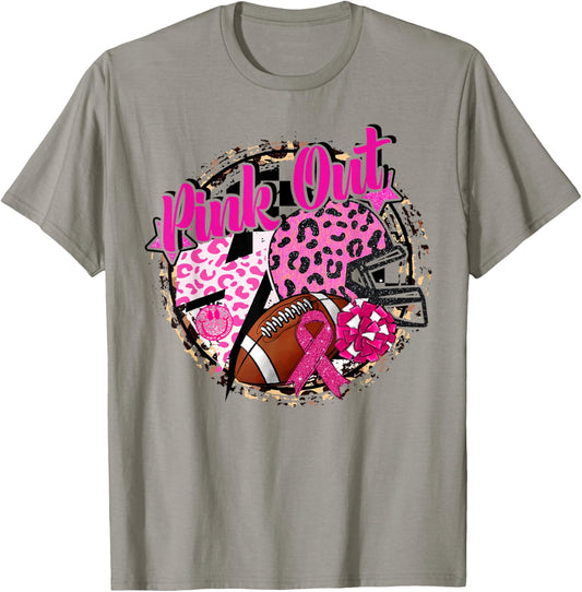 Pink Out Cheer Football Pink Ribbon Breast Cancer Awareness T-Shirt - T-Shirt | Sand