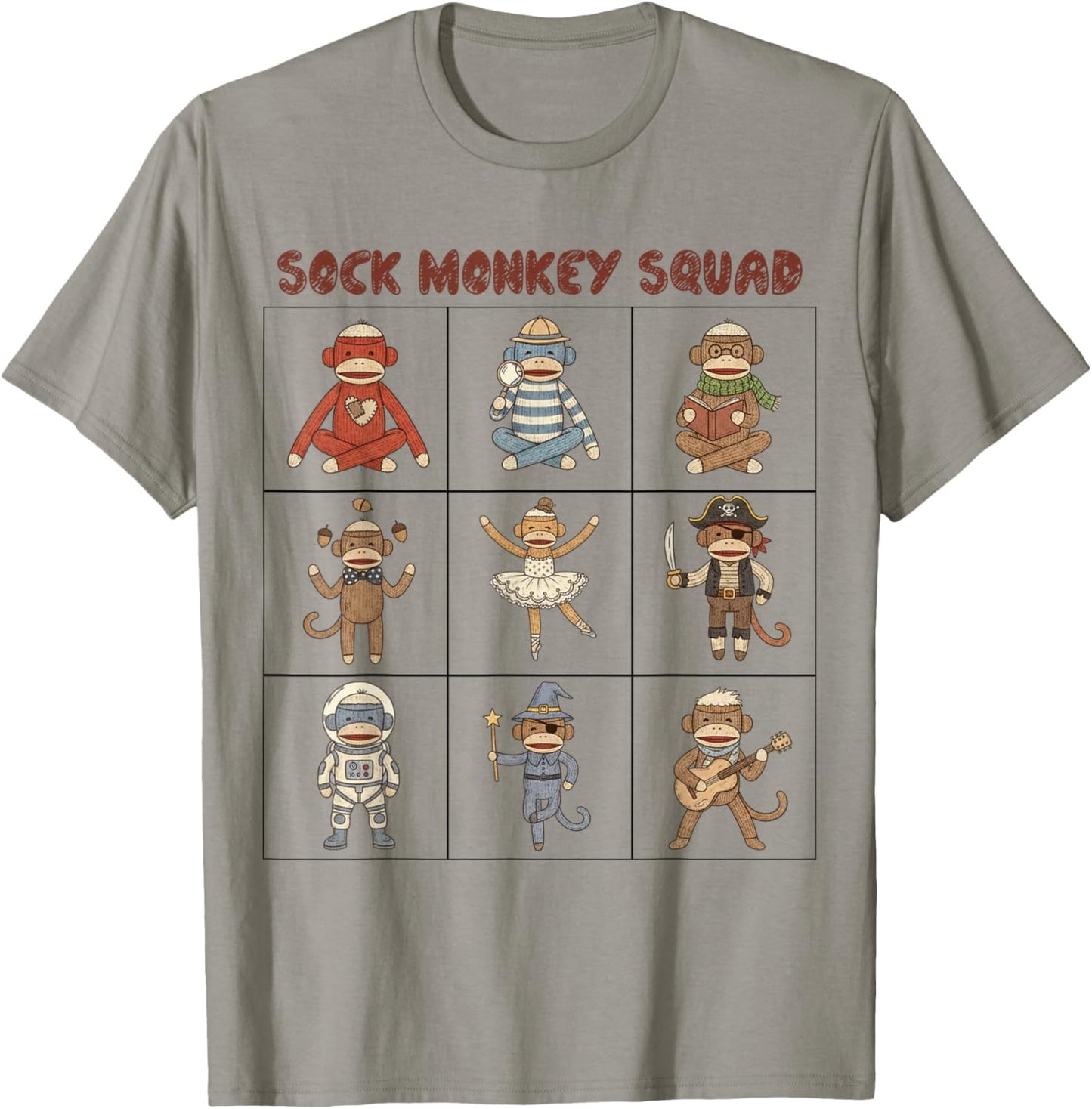 Sock Monkey Grid Graphic - Retro Vintage Sock Monkey Lovers T-Shirt - T-Shirt | Sand