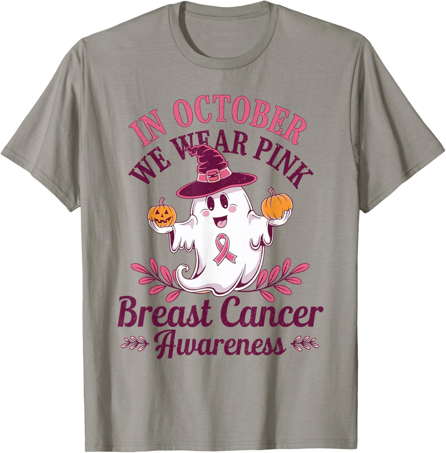 In October We Wear Pink Breast Cancer Awareness Pumpkins T-Shirt - T-Shirt | Sand
