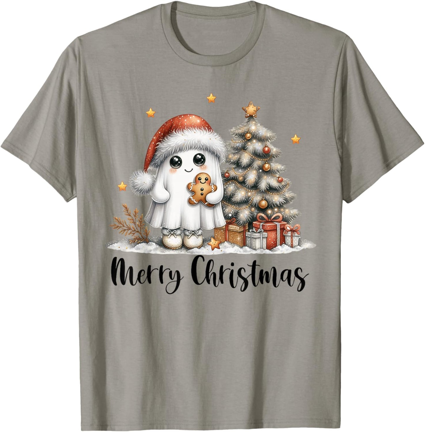 Merry Christmas Ghost With Santa Hat Xmas Tree Lights Men T-Shirt - T-Shirt | Sand
