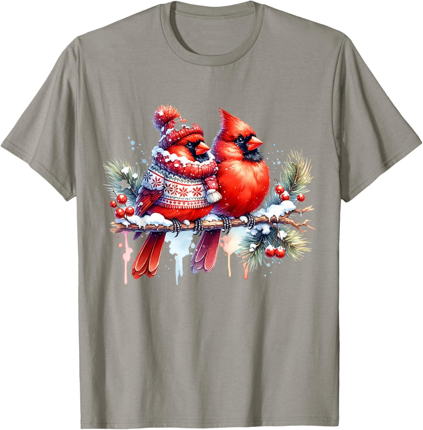 Red Christmas Cardinal Pair Snow Cute Bird Winter lovers T-Shirt - T-Shirt | Sand