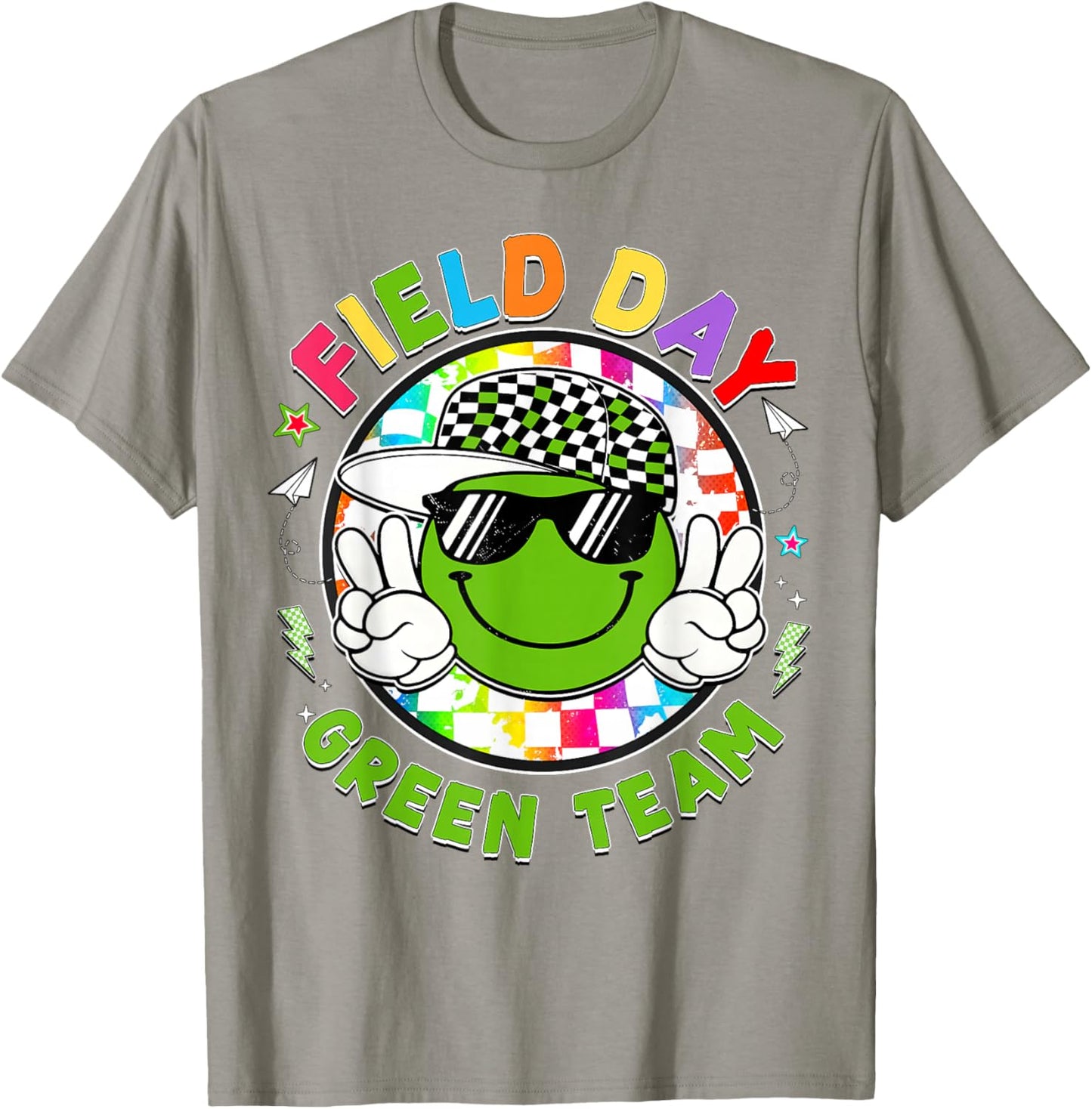Field Day Green Team Smile Face Peace Sign Men Women Kids T-Shirt - T-Shirt | Sand
