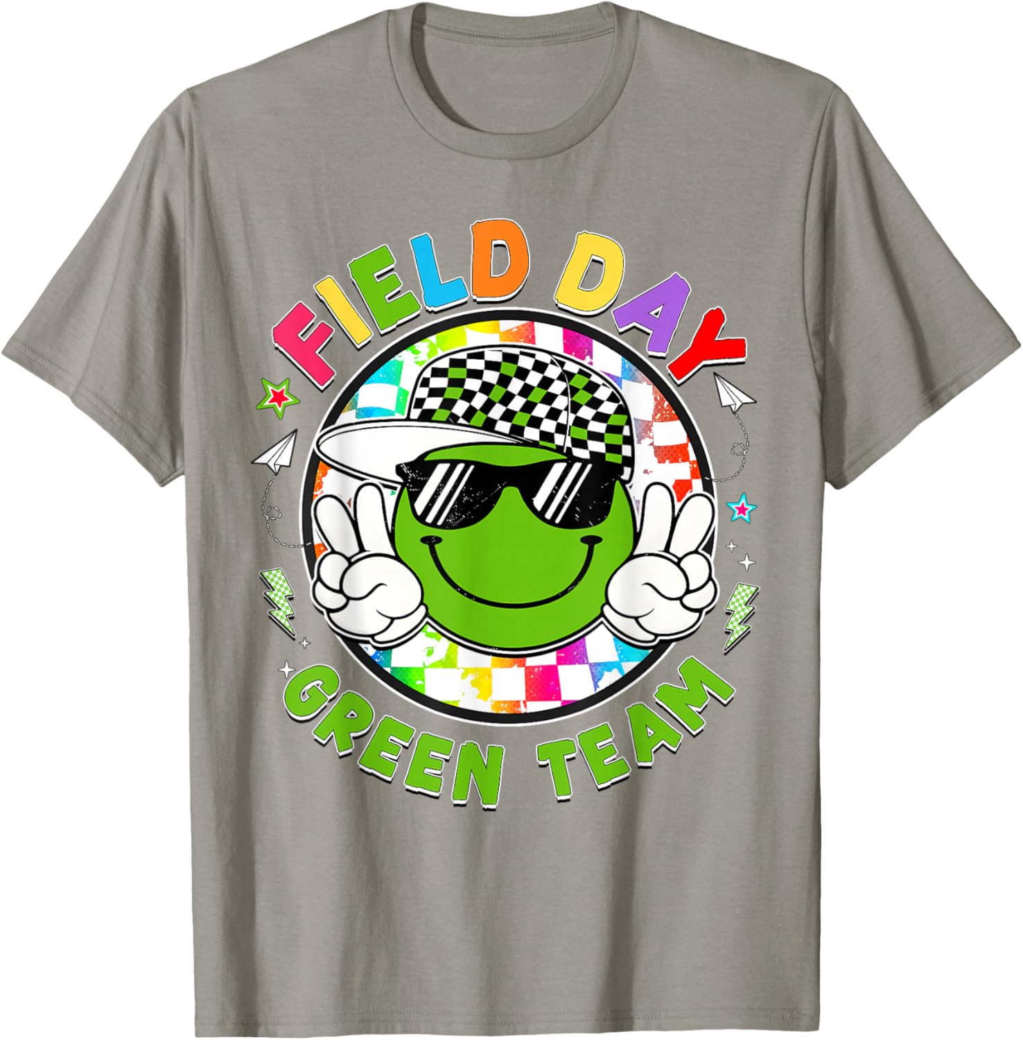 Field Day Green Team Smile Face Peace Sign Men Women Kids T-Shirt - T-Shirt | Sand