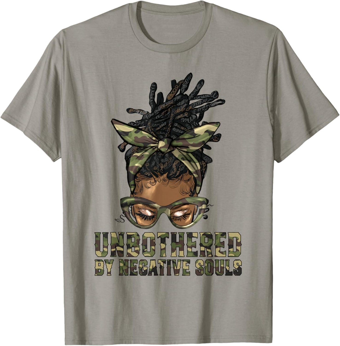 Loc'd Hair Messy Bun Black Woman Girl Camo Unbothered T-Shirt - T-Shirt | Sand