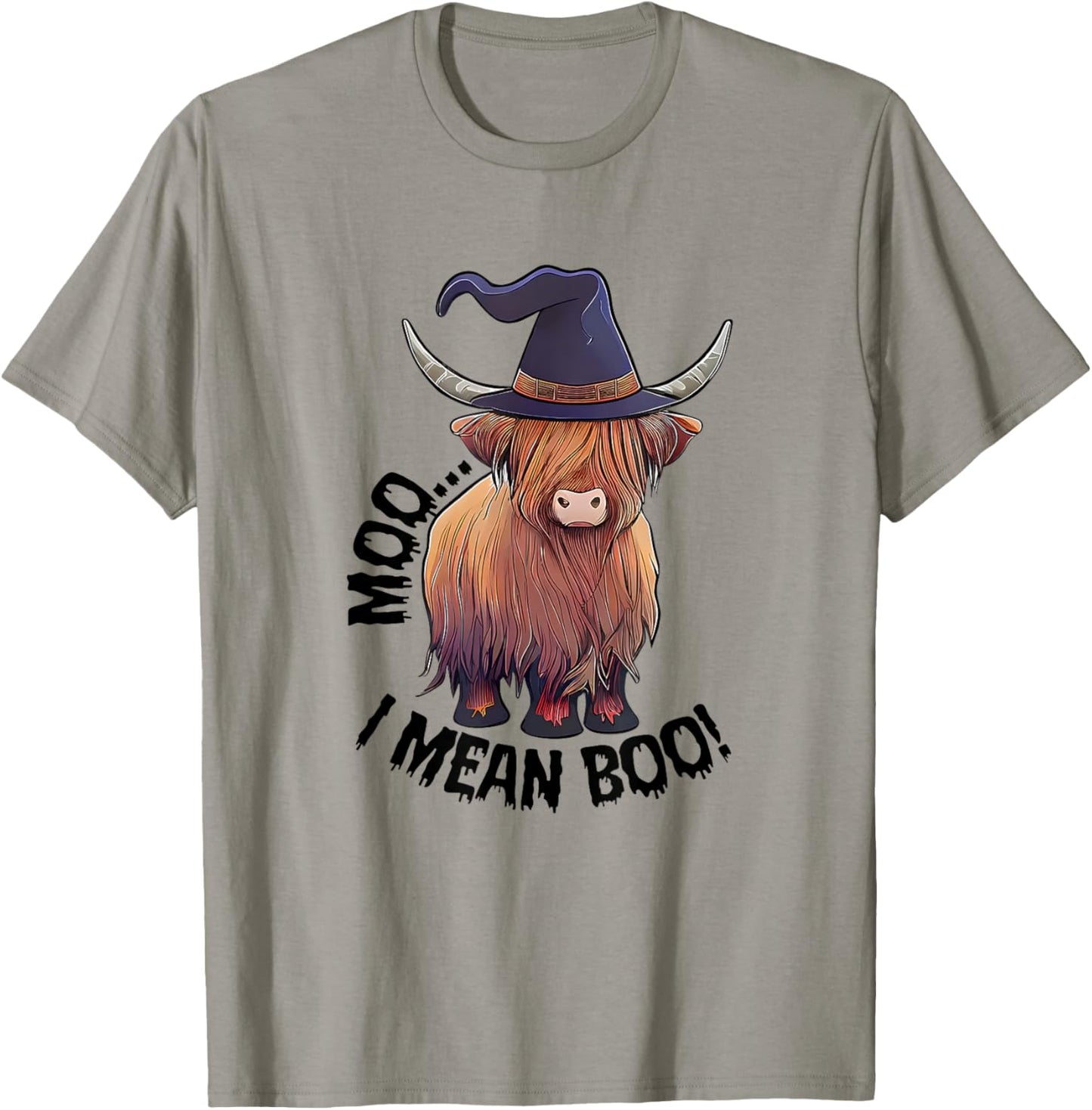 Moo I Mean Boo Halloween Highland Cow Witch Cow Lover Farm T-Shirt - T-Shirt | Sand