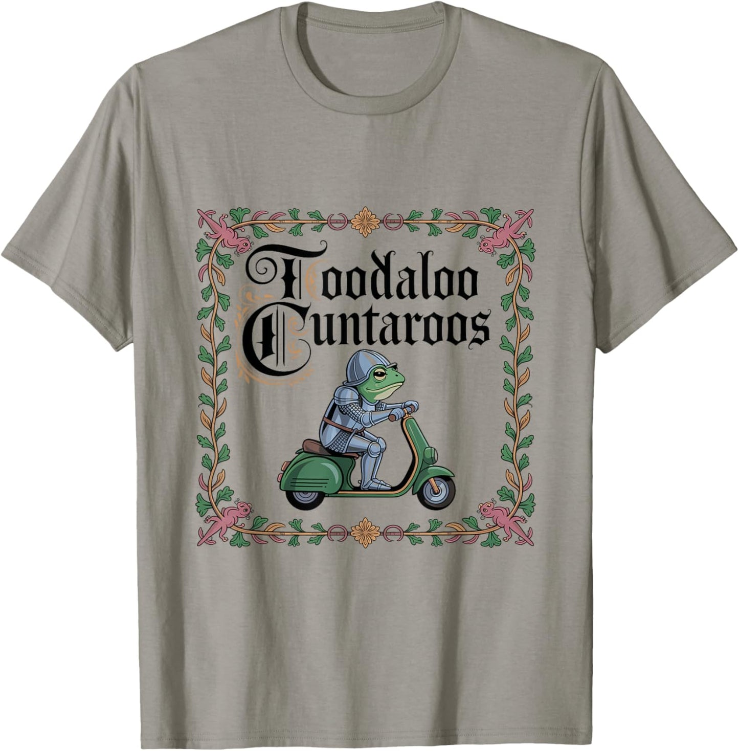 Toodaloo Cuntaroos Knight Frog On Scooter Humor T-Shirt - T-Shirt | Sand