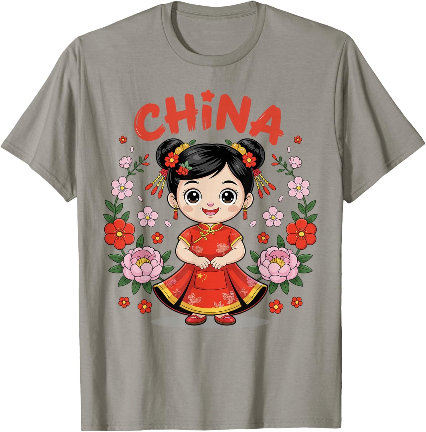 China Flag Culture Pride Chinese Cute Girl Traditional Dress T-Shirt - T-Shirt | Sand
