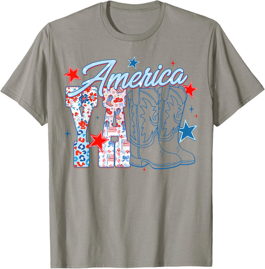 America Y’All Patriotic Cowgirl Boots Women Girls 4th July T-Shirt - T-Shirt | Sand