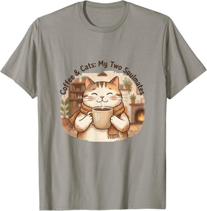 Coffee & Cats Soulmates Kawaii Cat Mug Design T-Shirt - T-Shirt | Sand
