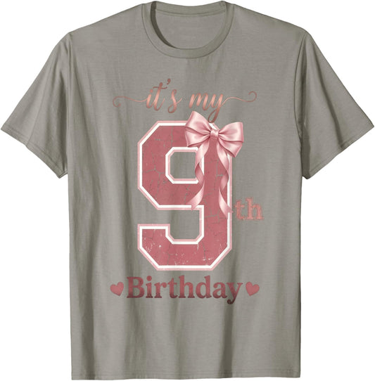 It's My 9th Birthday Girl Coquette Bow Pink 9 Year Old T-Shirt - T-Shirt | Sand