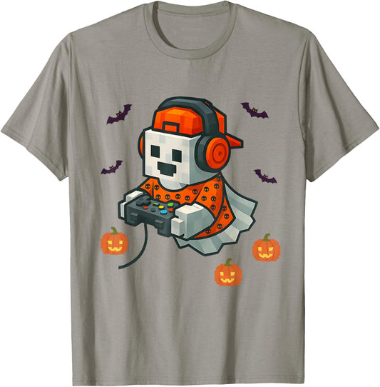 Halloween Ghost Gamer Spooky Pixelated Ghost with Controller T-Shirt - T-Shirt | Sand