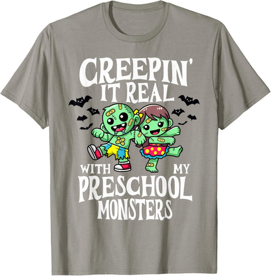 Creepin It Real Monster School Preschool Teacher Halloween T-Shirt - T-Shirt | Sand