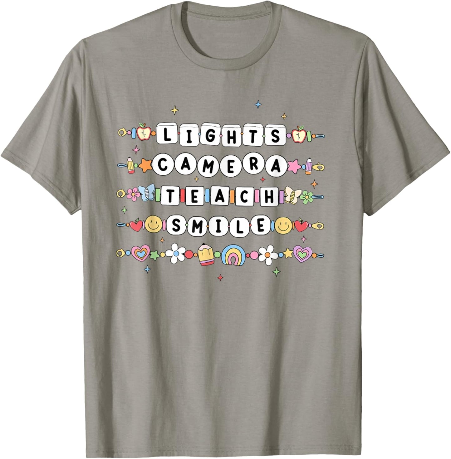 Women Lights Camera Teach Smile Teacher First Day Of School T-Shirt - T-Shirt | Sand